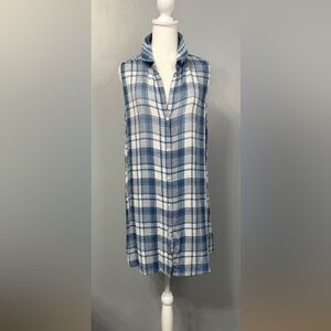 #10)  Side Stitch Blue and White Plaid Sleeveless Shirt